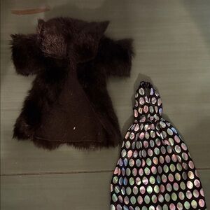 Barbie Black Faux Fur Coat and Iridescent Polka Dot Dress